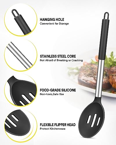 2 Pcs Silicone Cooking Spoons, Solid and Slotted Spoon Set, Non-Stick BPA Free Heat-Resistant Basting Kitchenware for Soup, Serving, Draining, Stirring(Black) - Image 4