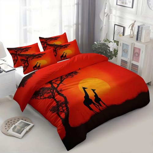 Generisch Bettwäsche 135x200 cm Afrika Sonnenuntergang Tiere Giraffe Rot...