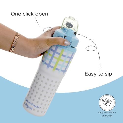 Image of Nayasa Duo-Sip Water Bottle - 730ml | Checkered Design | BPA-Free, Dual Sip Modes | Leak-Proof, Insulated Steel Inner | Great for School, College, Work, Sports | Sky Blue