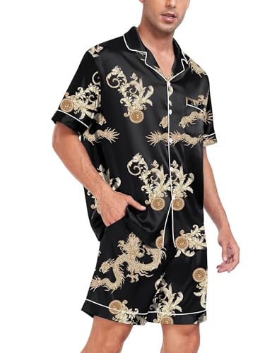 SWOMOG Men Satin Silk Pajamas Sets Short Sleeve Sleepwear Button-Down PJs Sets Two-Pieces Loungewear with Pockets Small Black Dragon4