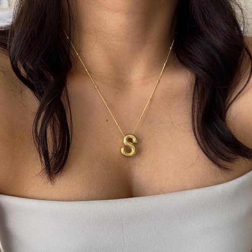 Balloon Initial Necklace for Women 18K Gold Plated Bubble Letter Pendant Dainty Puffy Name Beaded Chain Necklace Gift For Girls - Image 5