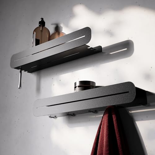 Mensole bagno a parete senza foratura o con viti | Design moderno | Accessori bagno nero | Set di 2 pezzi mensola e appendiabiti da parete metallo | Porta shampoo doccia da appendere 50cm
