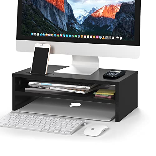 BONTEC Monitorständer, Unterbau Bildschirm, PC Bildschirm Ständer mit Handyhalter, Ergonomischem Laptop-Druckerständer mit Kabelführung für Laptop, Computer, Notebook, iMac, PC, 42CM, Schwarz