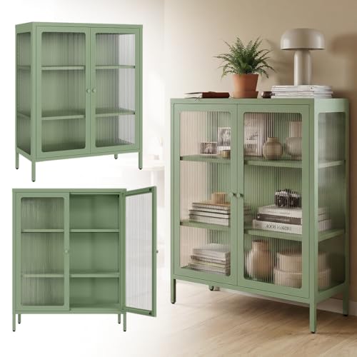 skølm Norns Metallkommode mit Glastüren – Vitrinenschrank Mintgrün – Sideboard mit 3 verstellbaren Fächern – Glasvitrine 80 cm – Kommode für Wohnzimmer/Flur – Buffetschrank mit geriffelter Front