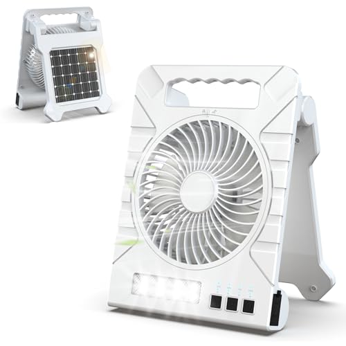 Werwing Ventilador solar de camping – Ventilador portátil recargable de 4 velocidades con luz LED, banco de energía y carga solar para exteriores, pesca, senderismo (blanco)