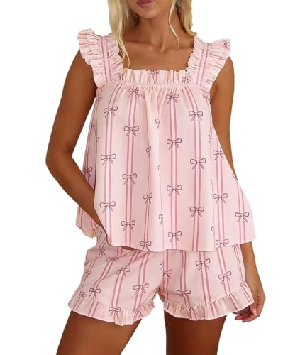 Image of ROAONOCOMO Women Floral Pajama Set Ruffle Babydoll Cami Top Coquette Pj Set Gingham 2 Piece Shorts Outfit Bridal Loungewear