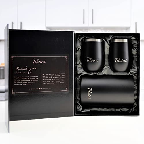 Insulated Wine Chiller Bucket & Wine Tumblers Silk Gift Box Set. Portable Bottle Cooler With Wine Cups. Entertaining Essentials Kitchen Wine Gift For Couples. 12Oz Metal Stemless Wine Glass With Lid #TOP1