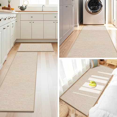 LEKEEPGO Küchenteppich Waschbar rutschfest 60x180cm, Küchenläufer rutschfest, Küchen Teppiche, Waschbarer Teppich Läufer Flur, Saugfähig Teppichläufer für Küche, Flur, Waschküche, Beige