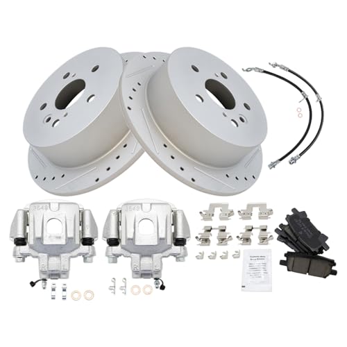 Image of TRQ Performance Rear Brake Pad and Rotor Set Ceramic Slotted Drilled Coated Calipers Compatible with 2004-2007 Toyota Highlander with All Wheel Drive