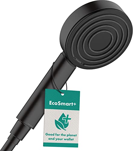 hansgrohe Pulsify S - wassersparender Duschkopf 5,7 l/min (EcoSmart+), Handbrause mit 1 Strahlart (PowderRain), runde Duschbrause (105 mm), Sparduschkopf mit Antikalk-Funktion, Mattschwarz, 24121670