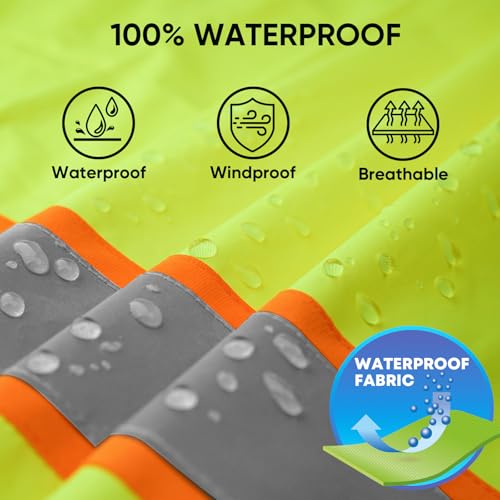 Image of TICONN Reflective Rain Jacket, Waterproof ANSI Class 3 Hi Vis Safety Coat | PU Coating Rain Coat, 360 Reflective Strips, Adjustable Cuffs, Large Utility Pockets, Fits Men and Women