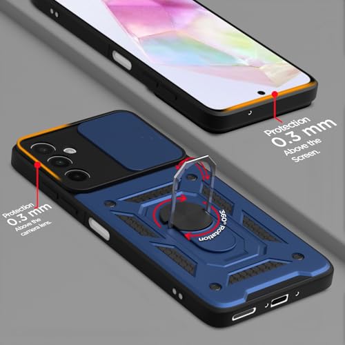 Image of Pikkme Back Cover for Samsung Galaxy A26 5G | 360 Protection Case | Sliding Camera Shield Cover & Ring Holder Stand D10 Tough Armor Bumper Case (Blue)