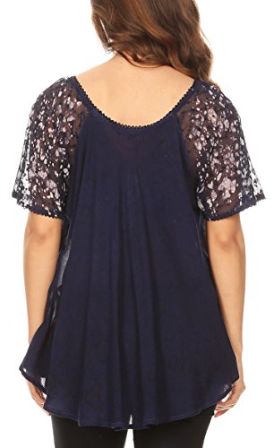 Image of Sakkas Ash Speckled Tiedye Embroidered Cap Sleeve Blouse Top with Embroidery Hems