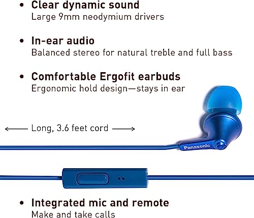 Image of Panasonic ErgoFit Earbud Headphones with Microphone and Call Controller Compatible with iPhone, Android and BlackBerry - RP-TCM125-AA - in-Ear (Metallic Blue), S /M /L Included