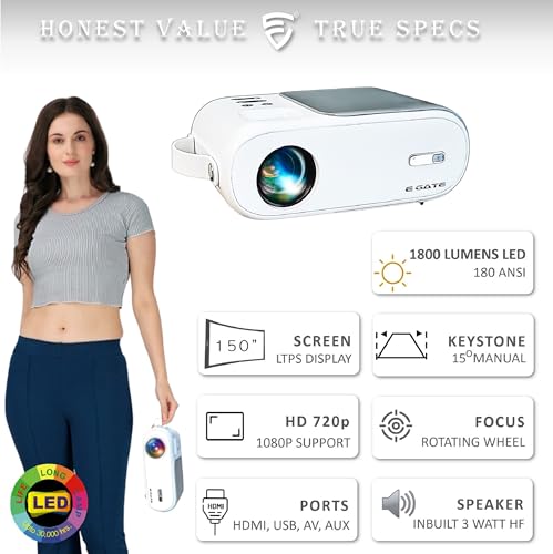 Image of EGate i9 Pro Full HD Projector with HD 720p Native 2400 Lumens 210 ANSI, 120 inch max Screen (3.04 m) | VGA, AV, HDMI, USB, SD (2 Year Warranty)|(EGi9) (Black)
