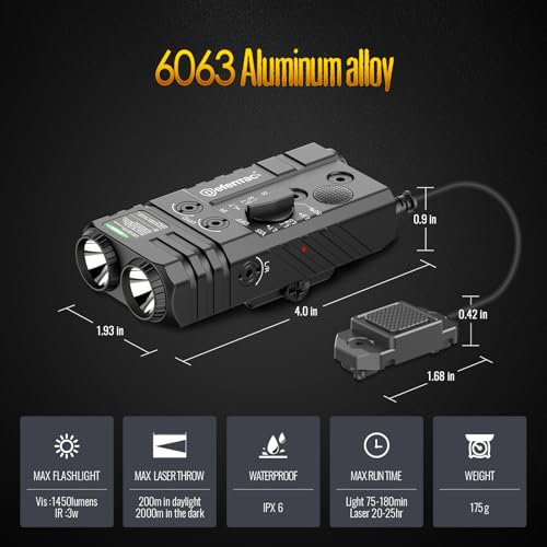 Defentac Mlok and Picatinny Mounted Green/IR Laser and White/Infrared Flashlight Combo(4-in-1), 1450lm Light with Remote Pressure Switch for Rifle, Aluminum, Rechargeable