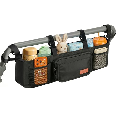 Guiseapue Double Stroller Organizer with 2 Insulated Cup Holders: Parent Console Double Jogging Stroller Accessories Fits for Baby Jogger City Mini GT2 and Jeep Double Stroller