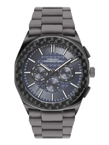 Image of French Connection Textured Blue Round Dial with IP Gun Stainless Steel Metal Strap Multifunction Watch - for Mens FCH27GNM