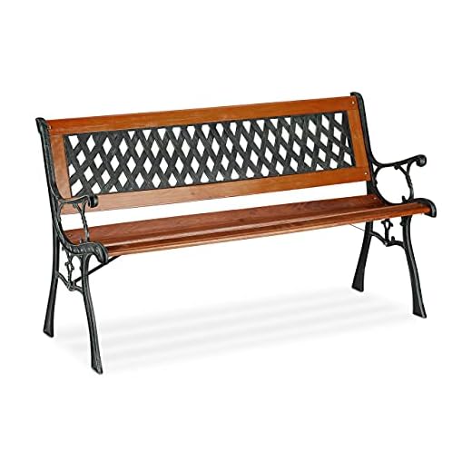 Relaxdays Jardín, 2 Plazas, Madera y Hierro Fundido, Balcón, Terraza, Banco Rústico, 73x125x52,5cm, Marrón y Verde, 1 Pieza