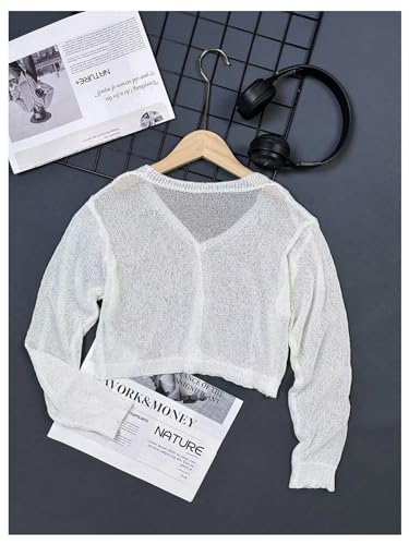 WDIRARA Girl's Bow Front Mesh Sheer Long Sleeve Ribbed Knit Cardigan Sweater2