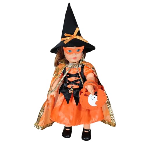 Ropa para Muñecas Bebé para 18 Pulgadas, Conjunto de Ropa de Muñeca de Halloween, Accesorios para Muñecas con Vestido de Calabaza Bolso Fantasma Sombrero Bruja Capa Pinzas Pelo, Ropa para Muñecos