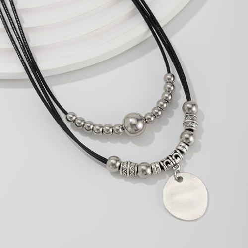 WETMT Western Cowgirl Necklace for Women Boho Silver Layered Leather Necklaces Cowboy Country Heart Choker Necklaces Stacked Chunky Statement Beaded Rodeo Jewelry (Circle) by WETMT - Used condition - Image 6