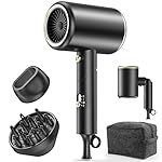 Hair Dryer, 150000RPM Ionic Blow Dryer - Fast Drying, Low Noise, Foldable Portable with Diffuser and Nozzle, Compact Mini for Women and Men, Home and Travel (Black)