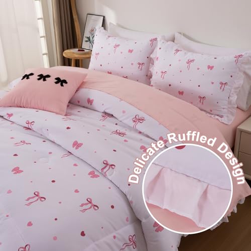 Image of A Nice Night Polka Dot Bow Comforter Set,6 Piece Bed in a Bag Chic Bowknot Bedding Sets,Princess Style,White Room Decor for Girls,Full