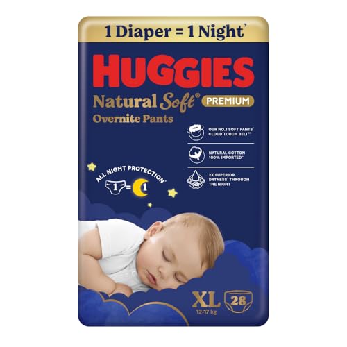 Image of Huggies Natural Soft Overnite Diaper Pants| Premium Pant Style Baby Diapers Medium Size (XL Size | 12-17 Kgs), 28 count| Keeps baby dry all night with cloud softness all over
