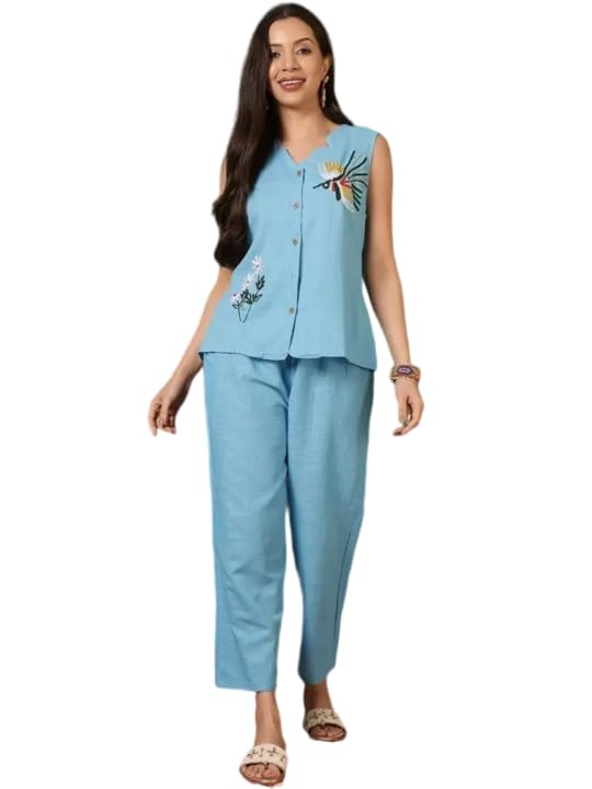 Co-Ord Set for Women | Floral Printed Sky Blue Co-Ord Set | Pure Cotton Sleeveless Mandarin Collar Top with Trousers | Stylish Two-Piece Outfit for Casual, Office & Summer Wear-image-36