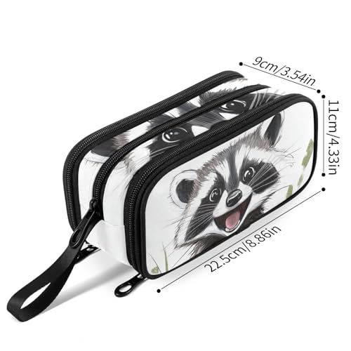 Image of Fustylead Happy Cute Raccoon Pencil Pen Case with 3 Compartments, Lightweight & Spacious Stationery Bag Cosmetics Bag