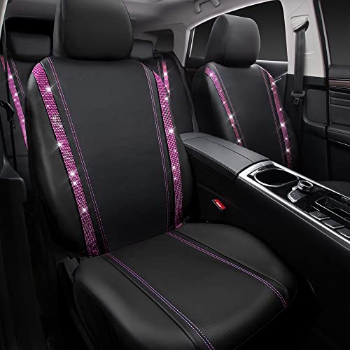 Image of CAR PASS Bling Diamond Car Seat Covers Full Set, Shining Rhinestone Waterproof Faux Leather, Rear with Zipper, Universal Fit Automotive Glitter Crystal Sparkle Strips for Women Girl, Black Pink