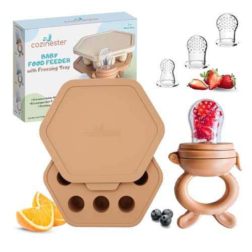 Image of Cozinester Baby Fruit Feeder & Teething Relief | Baby Feeding Essentials | Innovative Baby Teething Relief Tool | BPA Free Breast Milk Popsicle Teether for Self Feeding | Includes 2 Pouches (Brown)