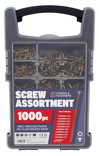 Forgefix 1000pc Screw Assortment with Zinc Yellow Passivated Coating for Corrosion Resistance Includes Organizer Case with 9 Removable Cups and 2 PZ2 x 25mm Bits
