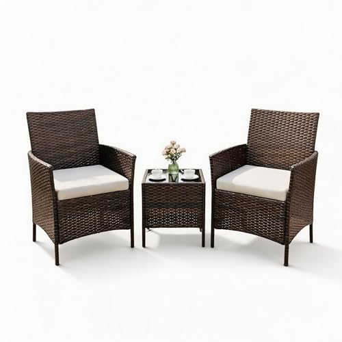 GarveeLife 3 Pieces Patio Furniture Set, Outdoor Furniture Sets with Cushions and Tempered Glass Table for Porch & Garden, Brown Wicker/Beige Cushions