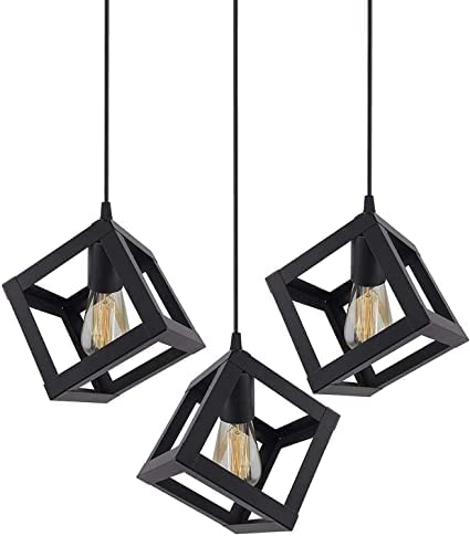 Image of JACKAL Metal 3 Set Vintage Cube Shape Pendant Light | Hanging Ceiling Light with Braided Cord | Decorative, Fancy Lights for Home, Living Room, Cafe, Restaurants & Bar (Black) - (with Bulb)