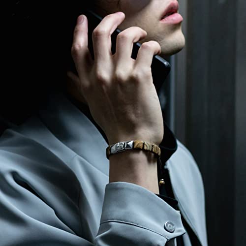 Men's Flatbead Bracelet with Sterling Silver Centre Charm Braided Bracelet Natural Gemstones Gift for Men (9.5mm Stone), 5.7"-7.5"3