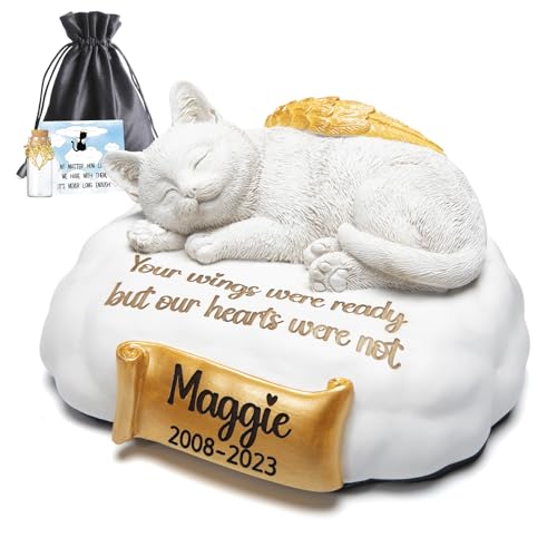 HENTOL Personalized Cat Urn, Pet Urns for Cat Engraved with Your Pet's Name,Date and Quote, Sleeping Resin Cat Urns for Ashes