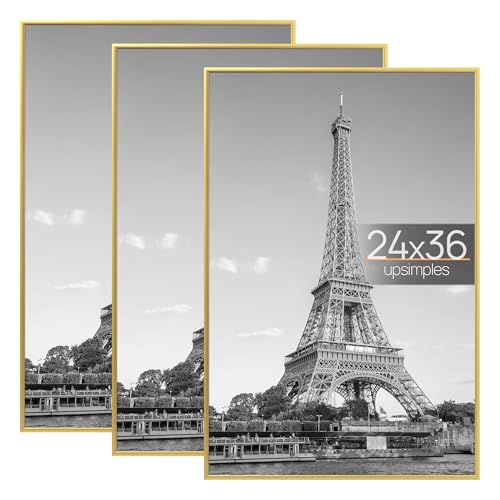 Image of upsimples 24x36 Poster Frame Gold 3 Pack, Scratch-Proof Picture Frames 24 x 36 for Photo Gallery - Slide-In Strips, Horizontal or Vertical Wall Mounting