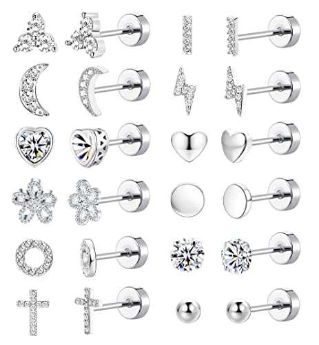 12 Pairs Stainless Steel Stud Earrings Set For Women Men Ball Cross Flower Heart Cz Pearl 20G Cartilage Earring Hypoallergenic Flat Back Earrings Piercing Jewelry (Silver-Cleartone) #TOP22