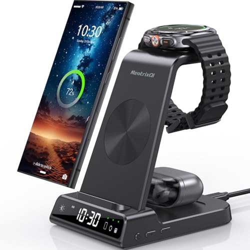 Cargador Inalambrico para Samsung, 3 in 1 Wireless Charger para Samsung für Galaxy S25 Ultra/S24/Z Fold 6/Z Flip 6, Base de Carga con Reloj Digital para Galaxy Watch Ultra/7/6, Galaxy Buds Pro 2