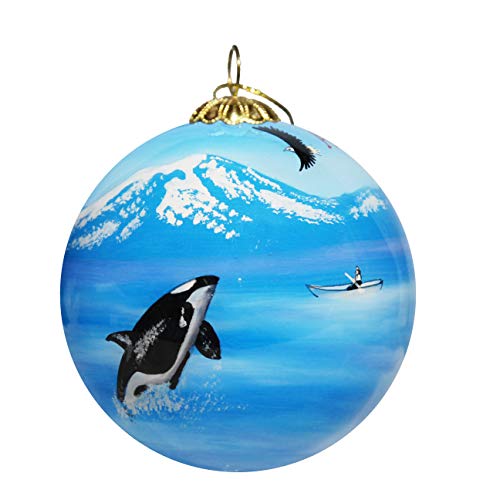 Art Studio Company Hand Painted Glass Christmas Ornament - Whale & Eagle w Mountains Ketchikan, Alaska