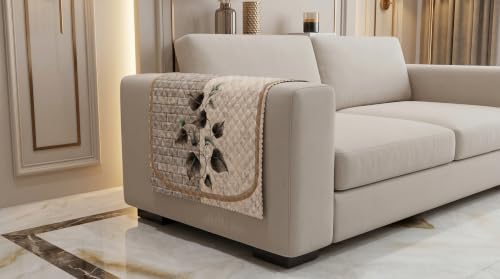 Image of KINGLY Quilted Velvet Sofa Cover Beige 2 Pc Arm Cover Anti Skid Pipe