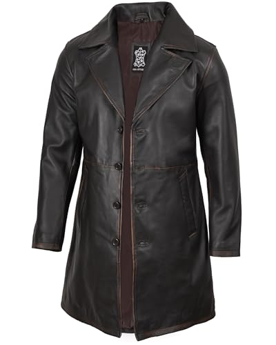 Image of Blingsoul Men's Leather Car Coat - Genuine Lambskin Long Leather Jacket for Men, Real Leather Coat with Lapel Collar