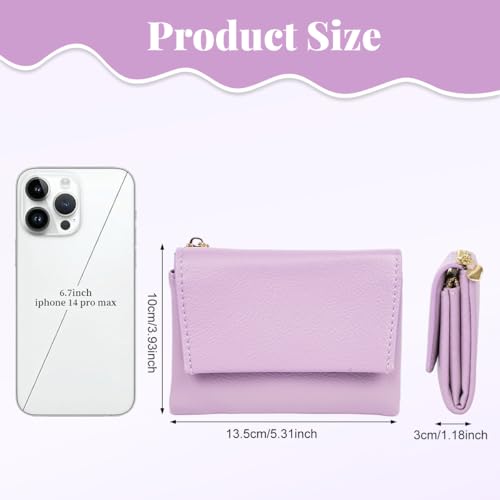 Image of PALAY Wallet for Woman Purple Leather Mini Purse Blocking Trifold Small Wallet with ID Window and Zipper Coin Pocket Casual Pure Color Coin Purse for womenfor Everyday Use