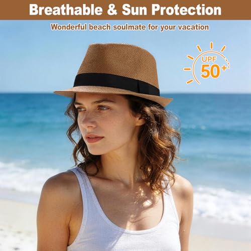 Image of Straw Fedora Hats for Men Women, 1920s Short Brim Trilby Panama Hat Summer Beach Sun Cap