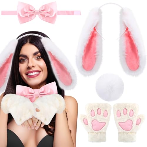 Maiteenly Women Bunny Costume Accessories Set Lop Eared Rabbit Ears Tail Gloves Bow Tie for Adult Halloween Cosplay Outfit(White and Pink)