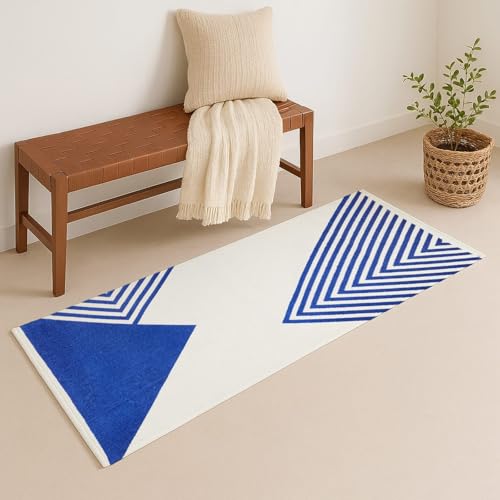 Image of SAGON 2x5 Ft Printed Runner Carpet - Cotton Bedside Rug for Bedroom & Living Room (Blue Trangle)