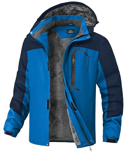 Image of Mens Winter Jackets Waterproof Warm Fleece Ski Jacket with Hood Thermal Windproof Coat Zip Pockets