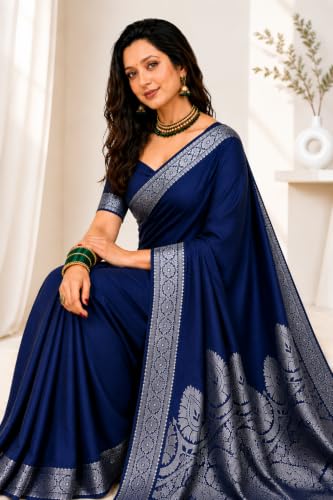 Image of Women's Glory Banarasi Satin Kanjivaram Saree Silver Zari Border Pure Soft Blend Silk Sari Kanchipuram Paithani Silk Party Wedding Festive New Ladies Sadi with Unstiched Blouse Piece.